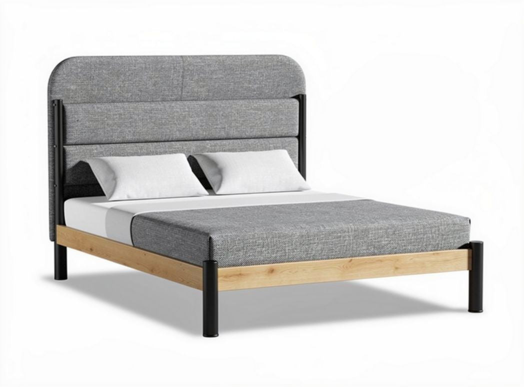 Bedframe met gestoffeerd hoofdeinde en houten poten 200 x 160 x 100cm grijs